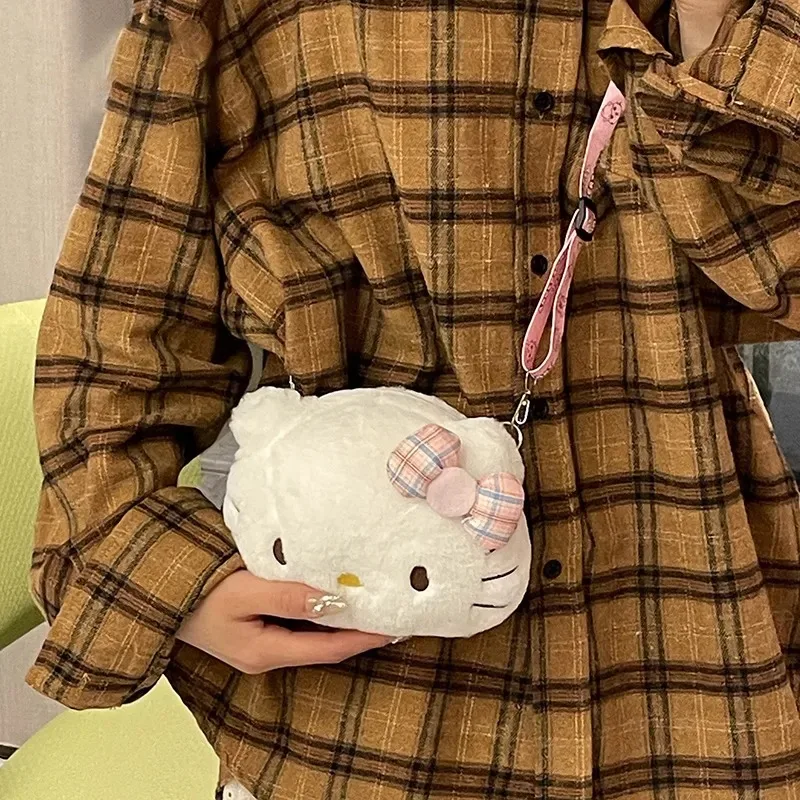 MINISO Hello Kitty Bow Crossbody Bag Kawaii Plush Shoulder Purse Cute Fashion Gift for Women Girls Kids White KT Cat Bag