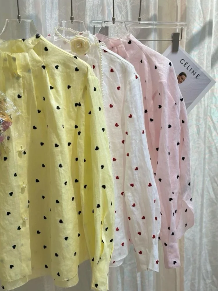 

Вышитая льняная блузка женская с высоким воротником, на жемчужных пуговицах, плиссированная, с рукавами-фонариками, винтажная, весна-лето, повседневная