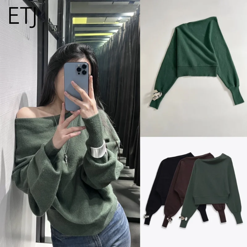

ETJ 2025 women's new sexy fashion asymmetric neckline silver bracelet embellishing long-sleeved knitwear