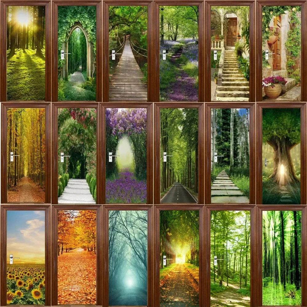Mystical Forest Arch Design Door Mural Decals Peel and Stick Home Gate Door Decorative Stickers DIY Jungle Forest Door Wallpaper