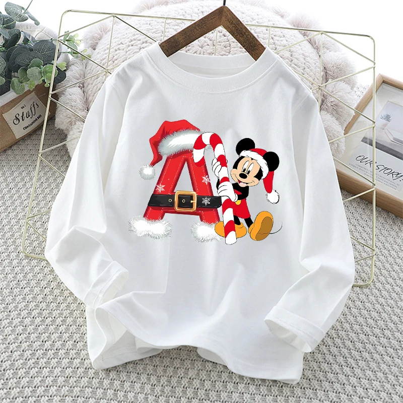 

Disney Mickey Mouse Kids Long Sleeve T-Shirt Cartoon Christmas Letter A-Z Print Cotton Tees Boys Girls Casual Crew Neck Tops New