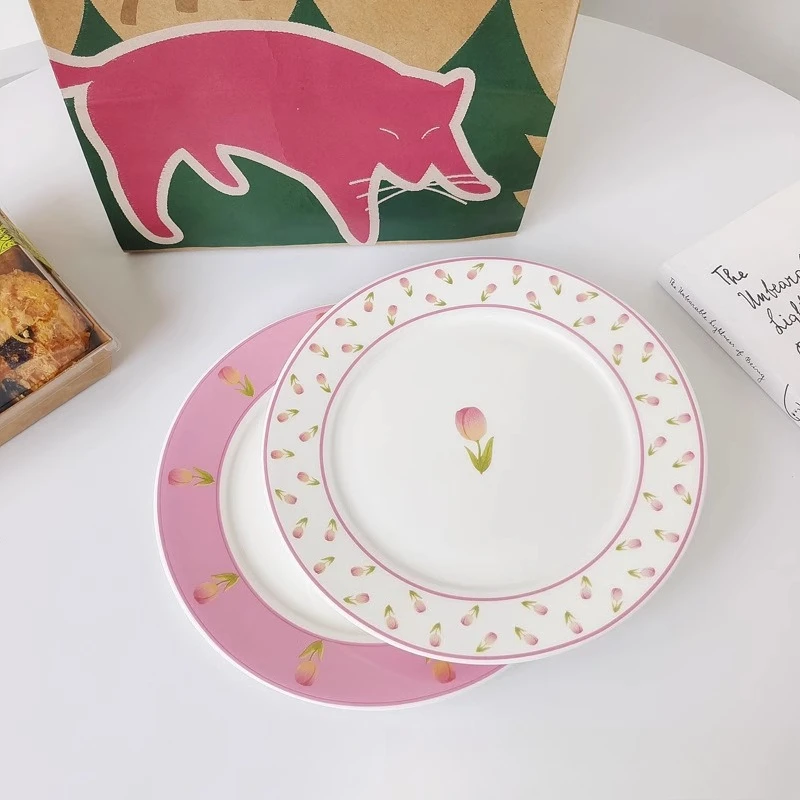 

New pink tulip ceramic plate round flat plate style Internet celebrity high value creative tableware