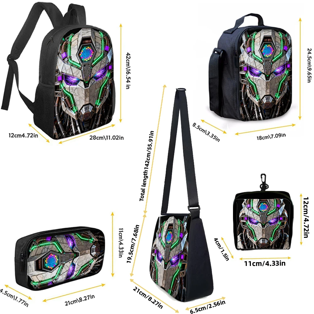 1/2/3/4/5PCS Cartoon Robot Print Backpack Set | Roomy Large-Capacity Backpack | Perfect for Student School & Daily Travel