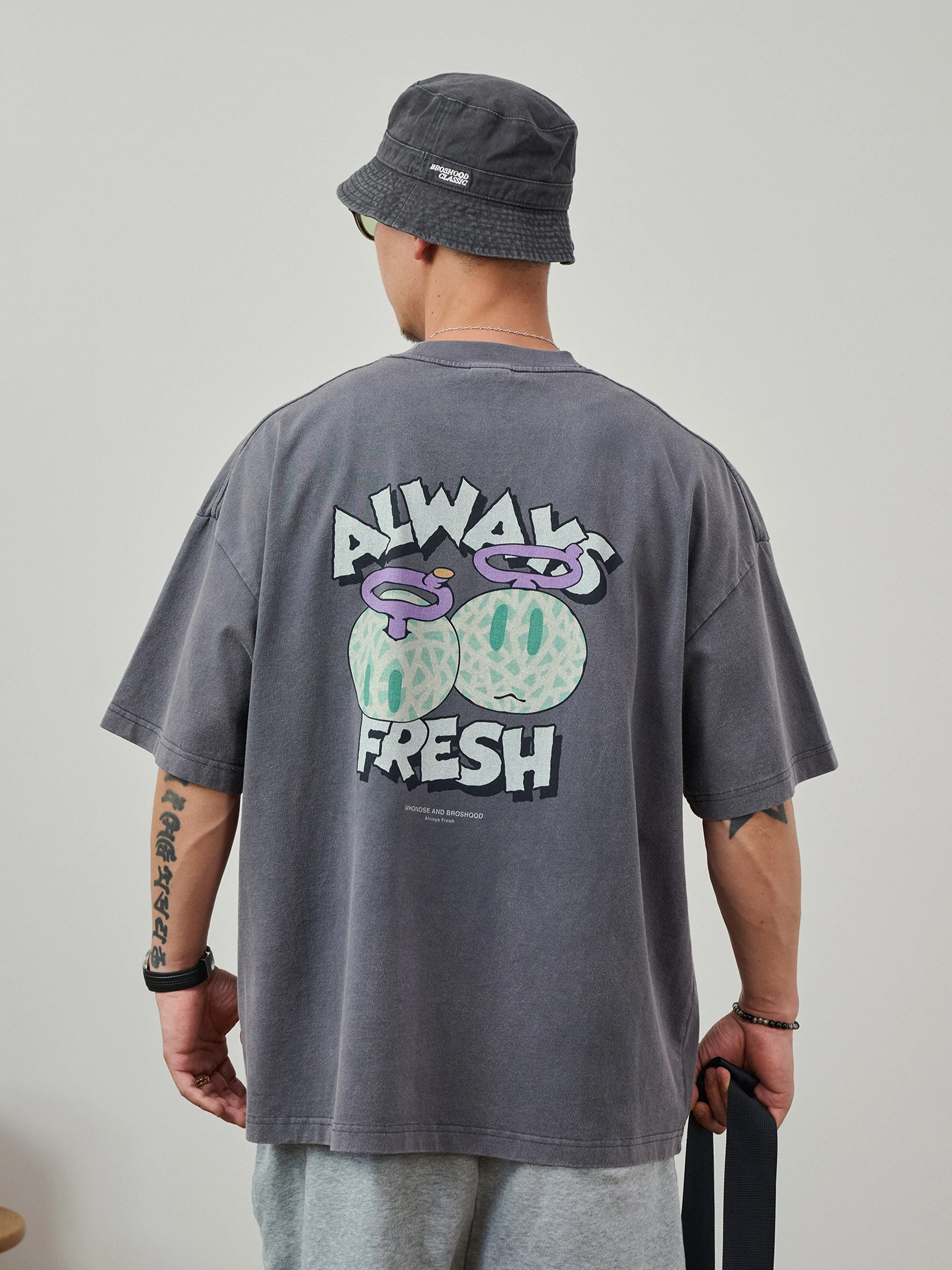 Broshood X JoeNg Whonose Vintage Washed Fruit Cartoon Direct Print Short Sleeve T-Shirt Cotton Youth Fashion Citywalk Summer
