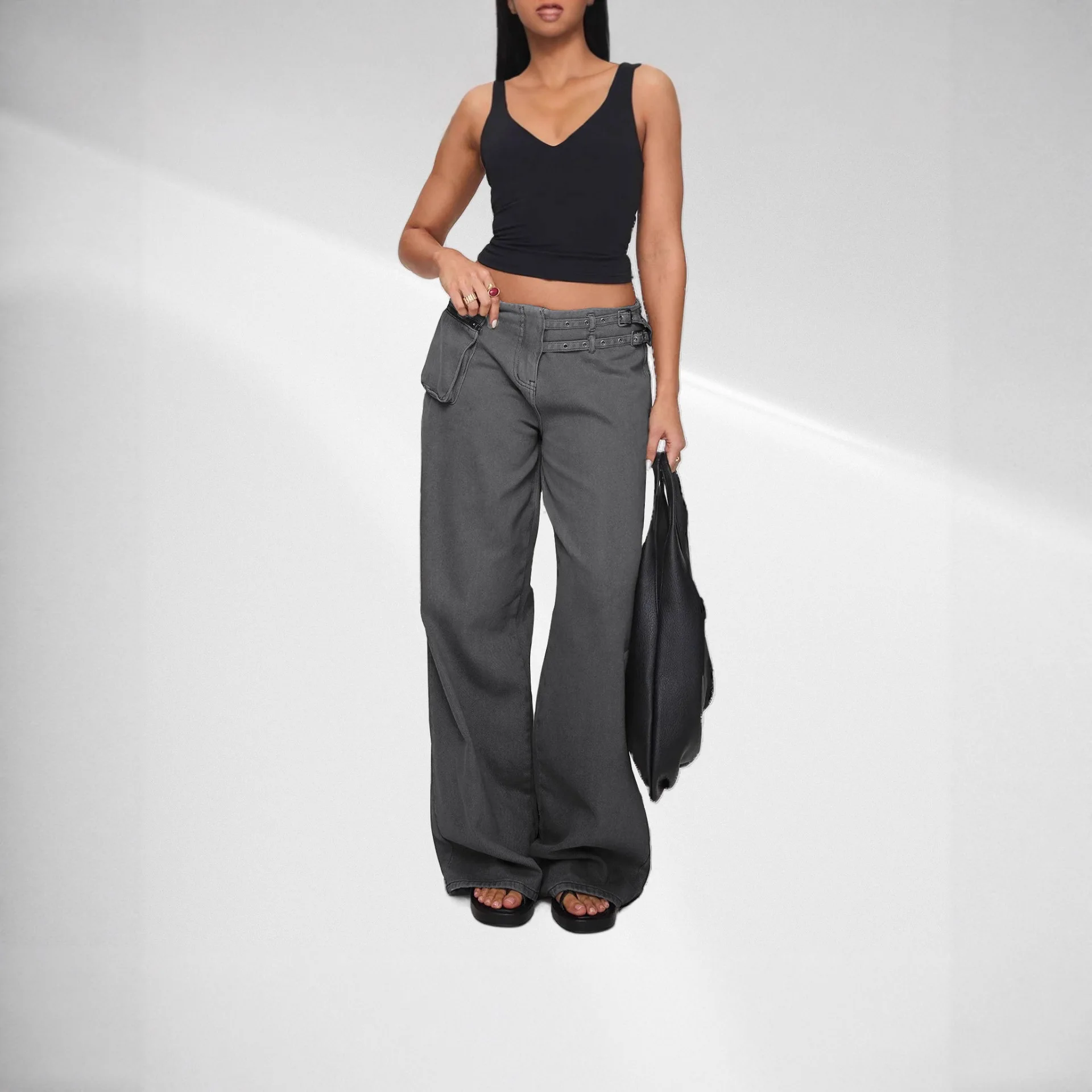 Dark Wide Leg Jeans with Belt Buckle Asymmetric Pockets, Baggy Denim Pants for Women Spring Summer