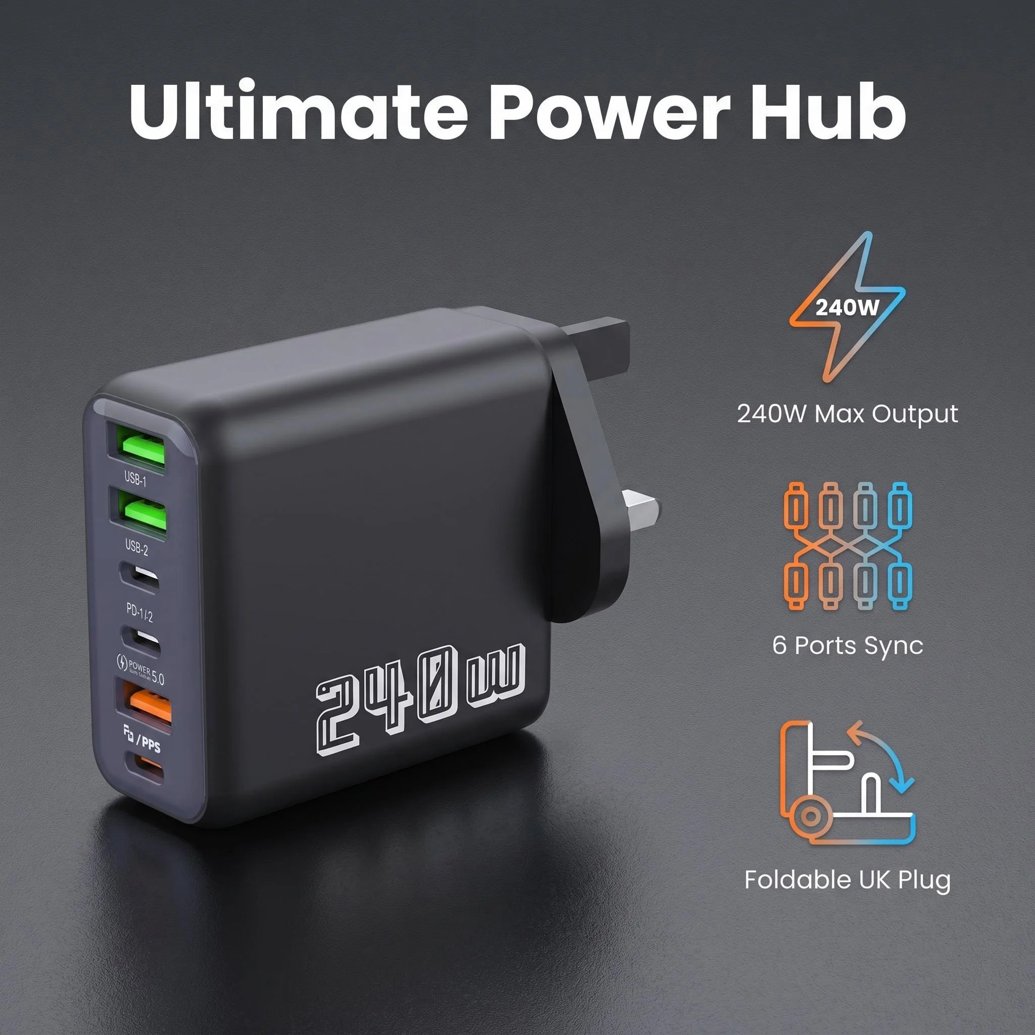 240W Super Fast Charger UK 6-Port USB-C PD PPS QC5 Multi Device Charging Station Wall Charger Adapter For iPhone Samsung xiaomi