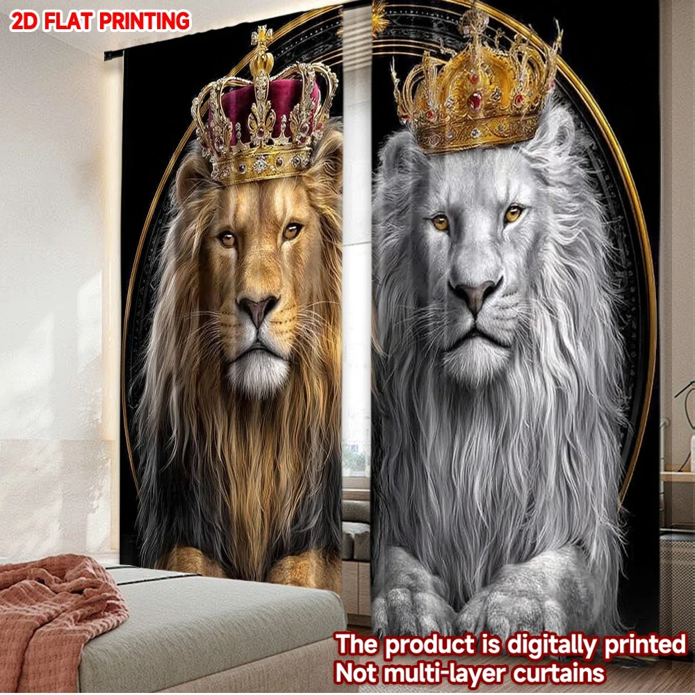 2D flat printing 2pcs Window Curtains Fashion Crown Lion Digital Printed Polyester Drapes Birthday Party for Photo Booths &