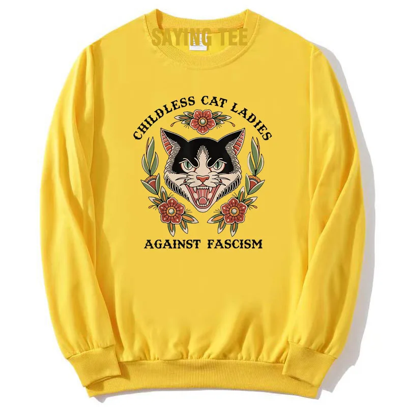 Childless Cat Ladies, Against Fascism Pullower Sweater Women's Fashion Kitty Lover Flower Print Graphic Tops Campaign Sweatshirt