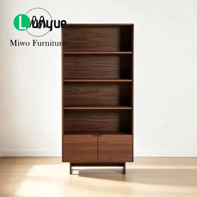 Modern Walnut Bookshelf with Groove Cabinet Door Open Storage Display Case for Living Room Office Furniture Home Decor