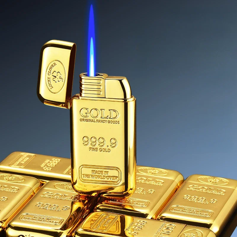 

Luxury Gold Bullion Torch Lighter, Refillable Butane Lighter, Windproof Jet Blue Flame Cigarette Lighters Smoking Accessories