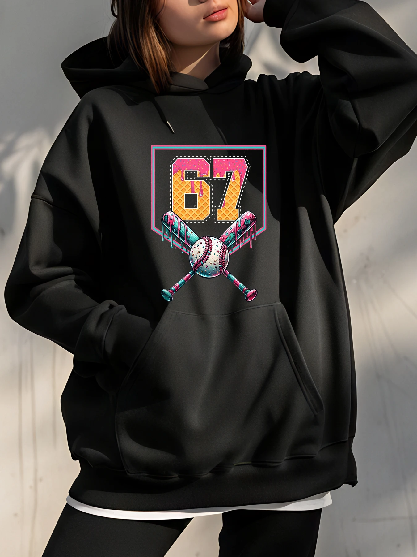 

Женская черная толстовка с капюшоном 67, повседневная спортивная толстовка с бейсбольным графическим принтом для молодежи и подростков