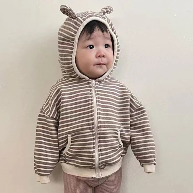 

Baby Clothes 2023 Spring and Autumn Baby Zipper Shirt Striped Hooded Bear Ears Coat Boys and Girls Pocket Hoodie Cardigan