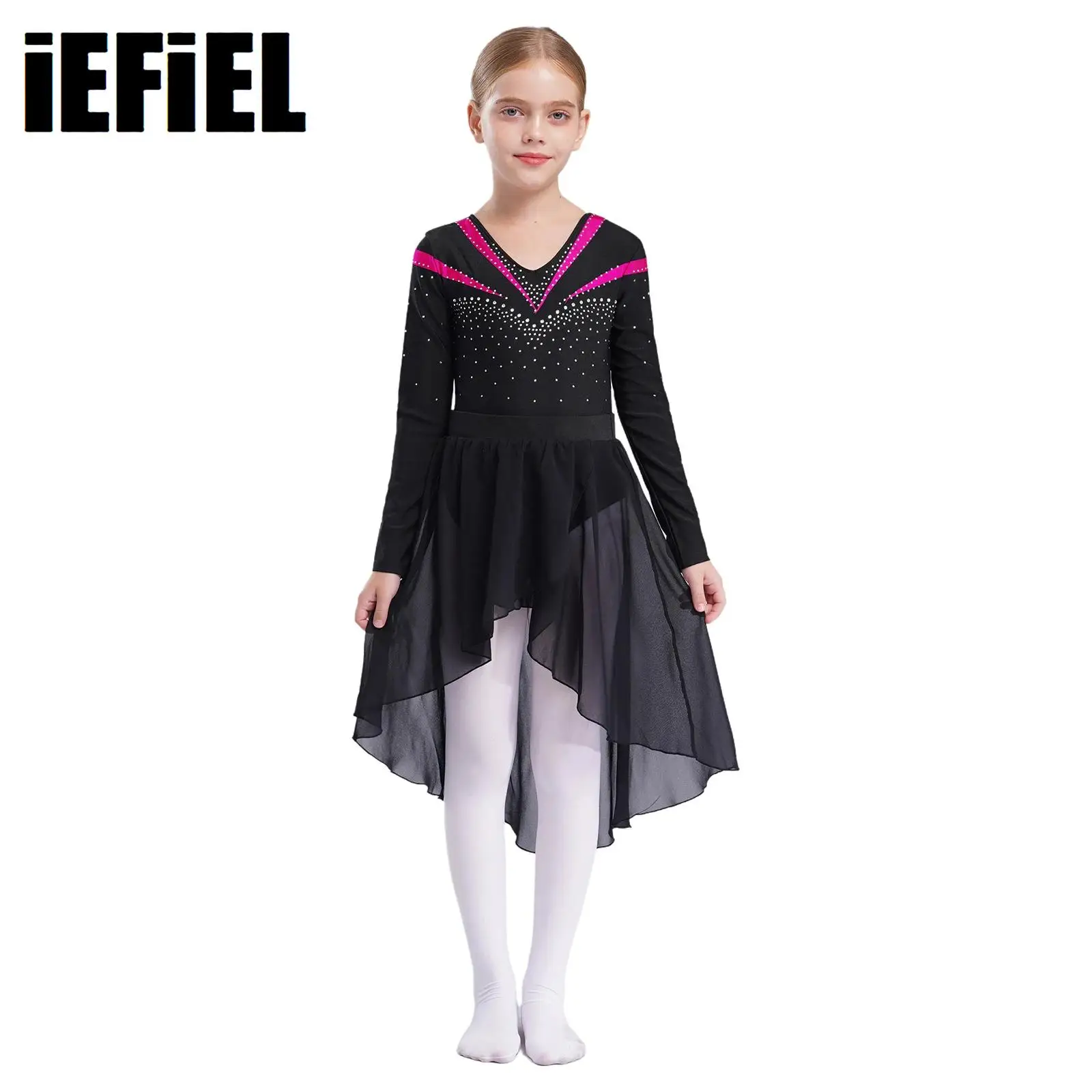 

Kids Girls Practice Dance Sets V Neck Contrast Color Leotard with Elastic Waistband Skirt And Hair Tie Headband