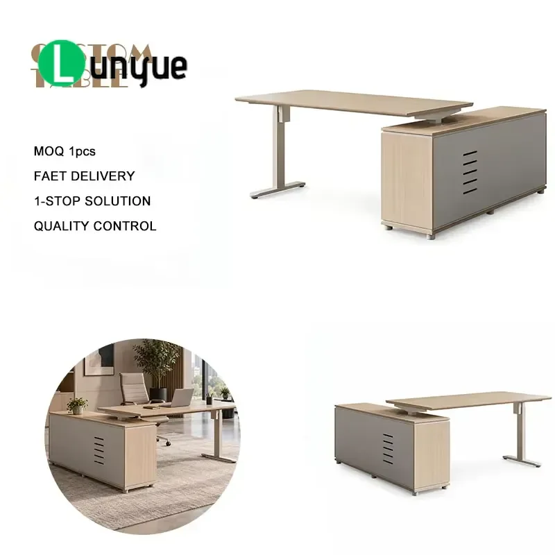 Modern Executive Desk Light Wood Grain Top Side Cabinets Ventilation Holes Neutral Two Tone Finish Adjustable Height Office