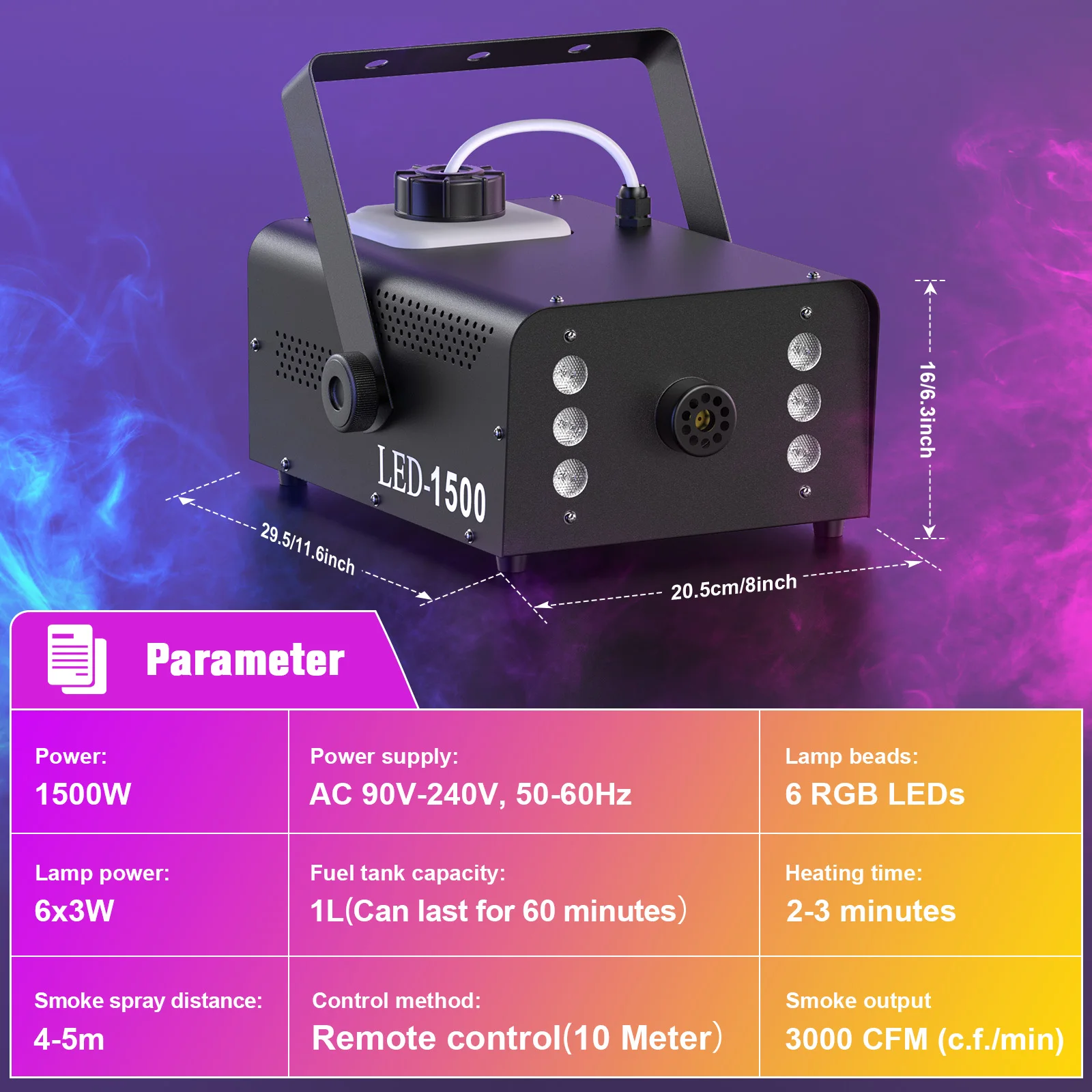 آلة دخان Fieryzeal 1500 واط مع جهاز تحكم عن بعد RGB 6 LED معدات رذاذ ملونة مبيد المرحلة آلة الضباب تأثير الإضاءة