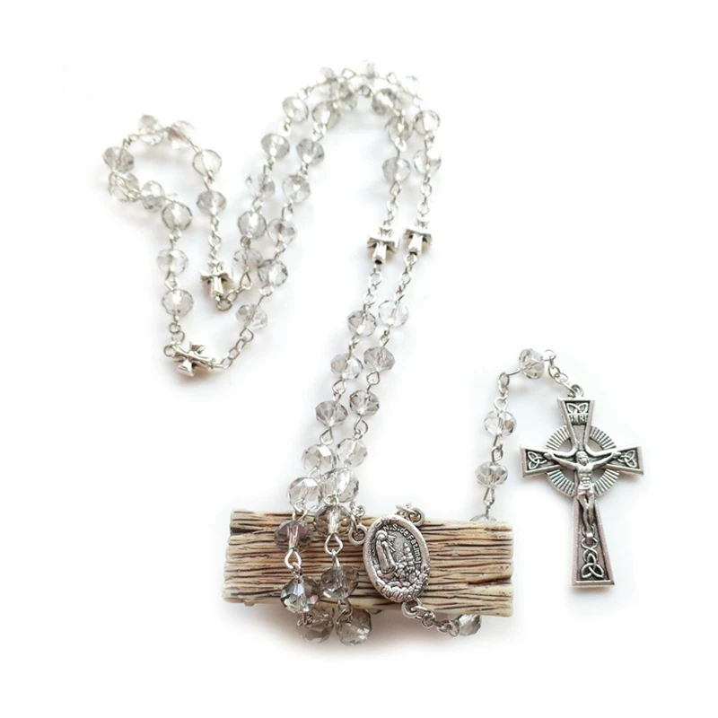 QIGO Gray Crystal Rosary Necklace Vintage Jesus Cross Pendant Religious Prayer Jewelry