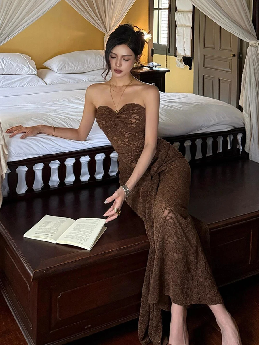 REDDACHiC dentelle florale femmes robe Tube creux paillettes torsion Corset noeud moulante Maxi robe longue Hotties Vintage vêtements formels