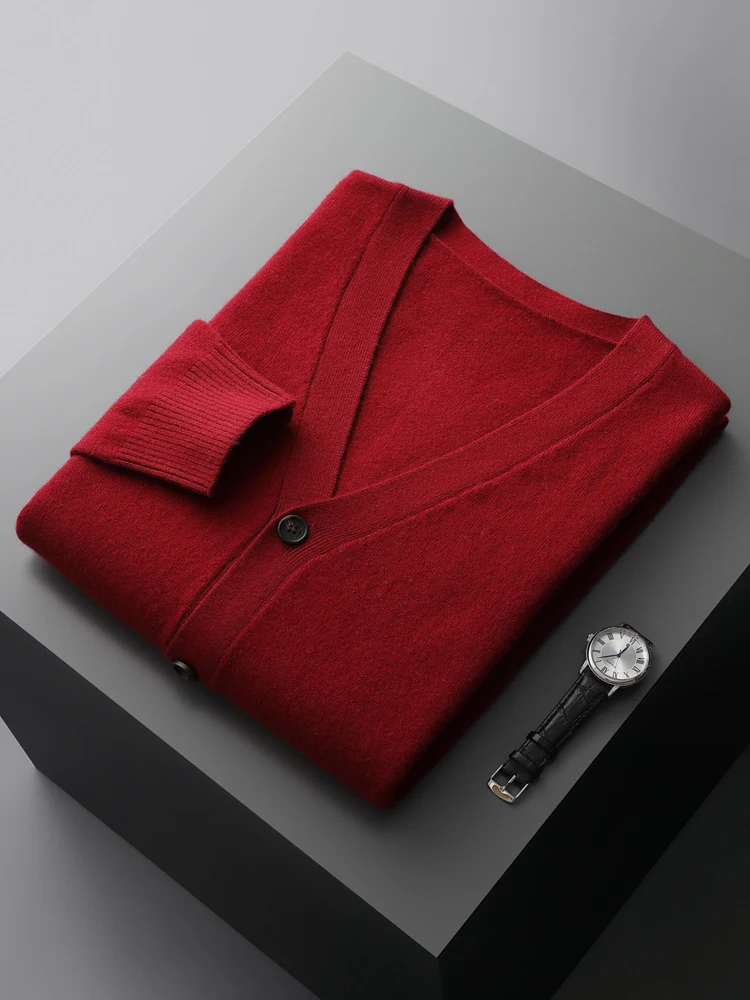 

Basic Men's Sweater Cardigan Autumn Winter Sweater Clothes 100% Merino Wool Sweater Casual Warm V-Neck Single Breasted Knit Coat
