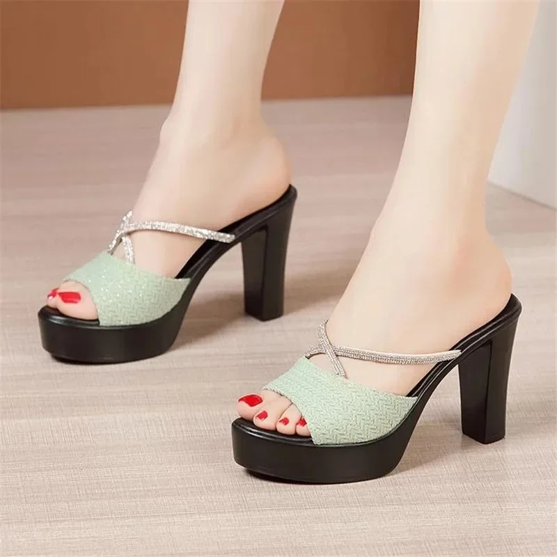 BEYARNEHigh Heel Rhinestone Sandals Women Summer New Platform Open Toe Sandals Large Size 32 To 43 Chunky Heels