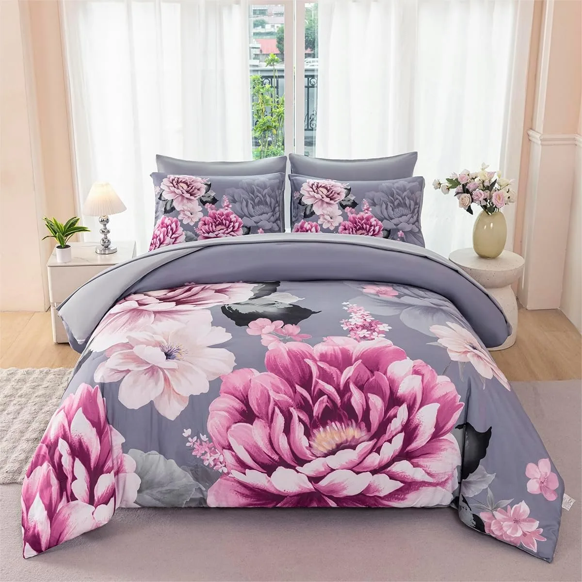 

Full Floral Comforter Set 7 Pieces Bed in a Bag with Peony Print for Women Adults
