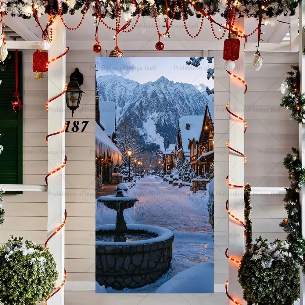 Winter Street Theme Background Snowflake Blue Sky Night Warm Streetlight Door Cover Party Decoration Poster Banner Prop Gift