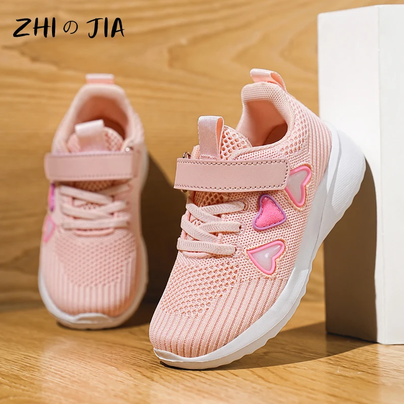 New Girls Fashion Casual Shoes Spring Children\'s Mesh Breathable Sneaker Cute Pink Flat Shoes Lightweight Comfortable Footwear