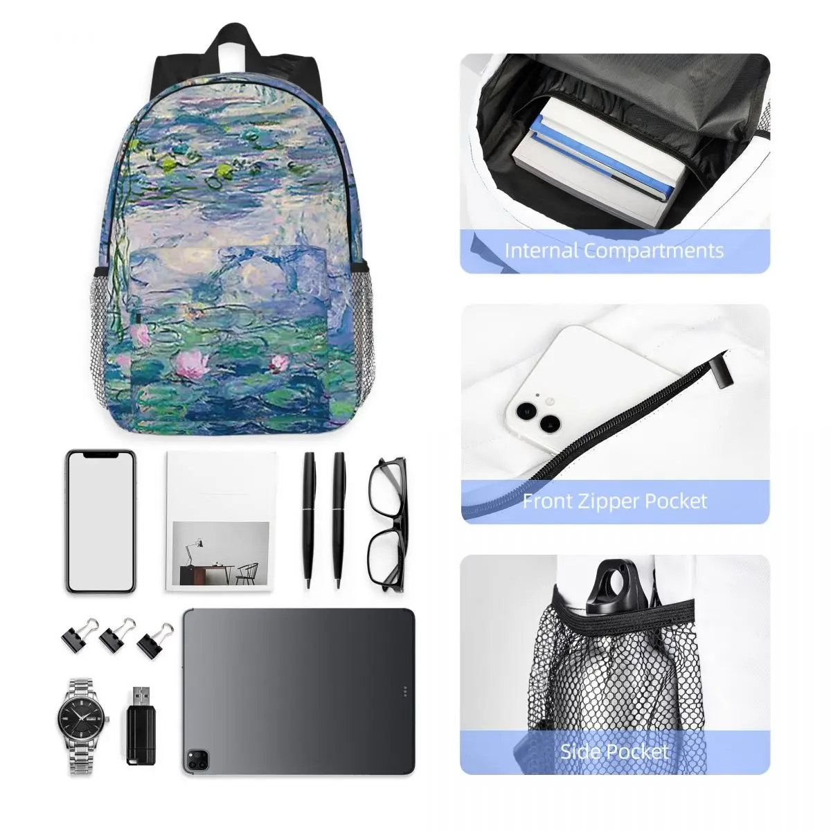 Water Lilies Claude Monet Fine A Backpack Hot Sale Daypack Large Capacity Boys Girls BookBag Shoulder Bags Men Women School Bag