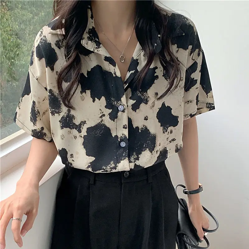 XEJ NAINI Cow Print Shirt Women Summer Top 2024 Chiffon Elegant Social Women\'s Shirt Oversized Shirt Silk Blouse Short Sleeve