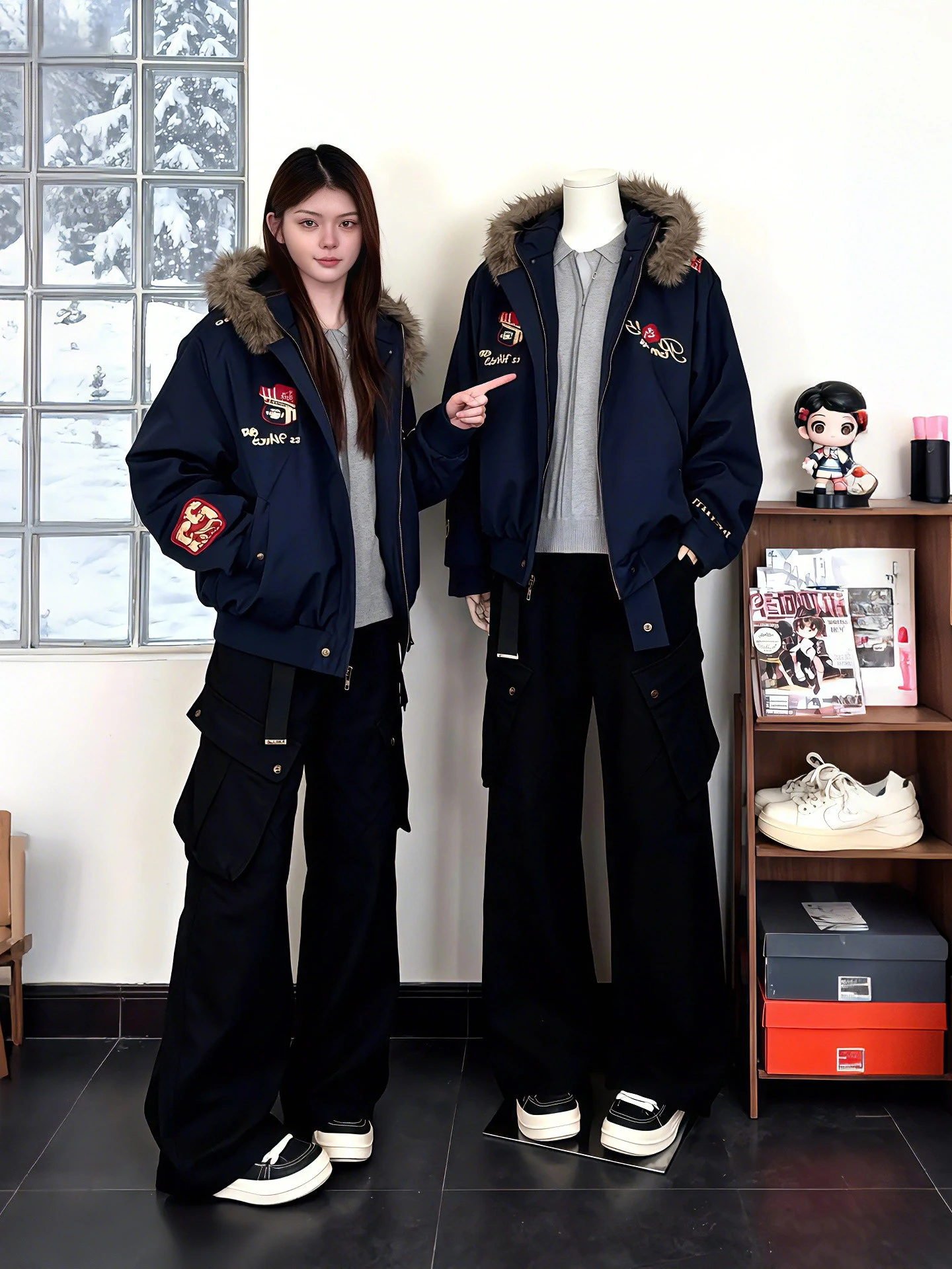 

American High Street Hooded Cotton Jacket with Embroidered Badge Short Style Fur Collar Men Women Winter Warm Casual Coat