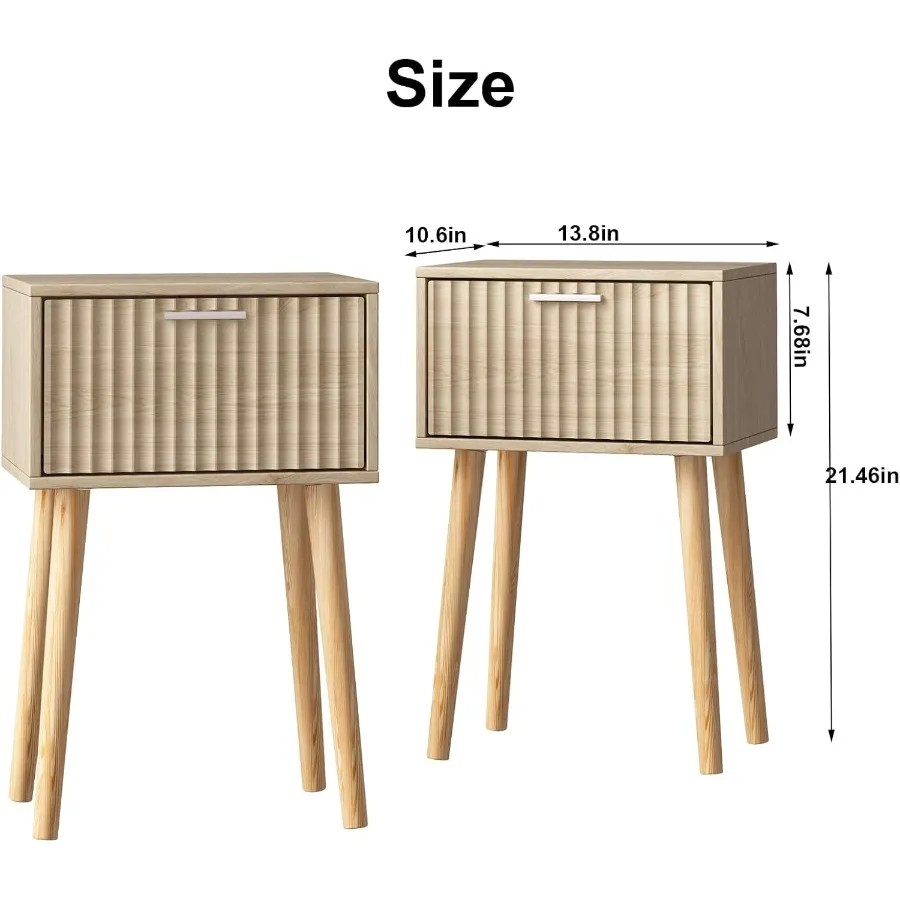 Set di 2 comodini piccoli con ante scanalate e piedini in legno massello Tavolini moderni dal design moderno della metà del secolo per camera da letto, ideali per Smal