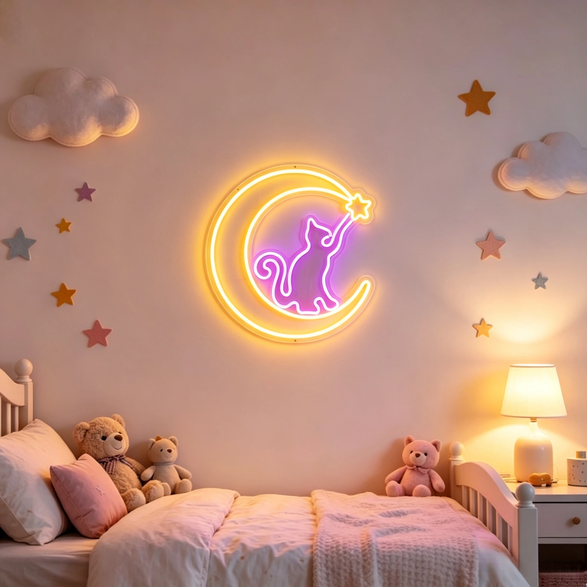 Cat Moon Star Neon Sign, Cute Cat Led Wall Light for Kids Bedroom, Girls Room, Living Room, Bookshelf Decor Led Light Sign