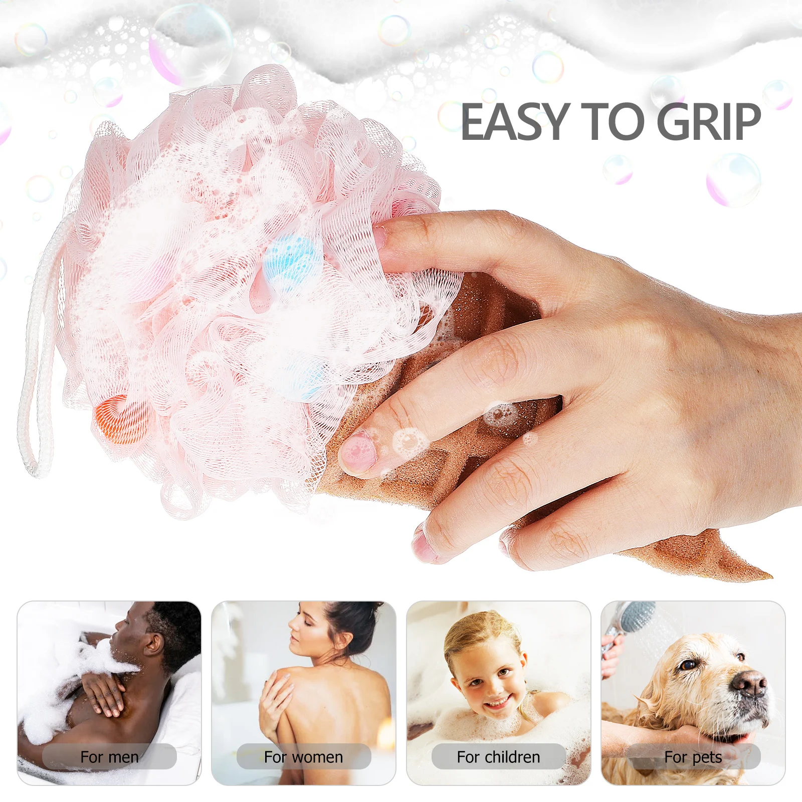 

3 pcs Ice Cream Bath Ball Kids Loofah Soft Sponge Toddler Shower Scrubber Cartoon Design Long Use Hanging Rope Rich Foam Body