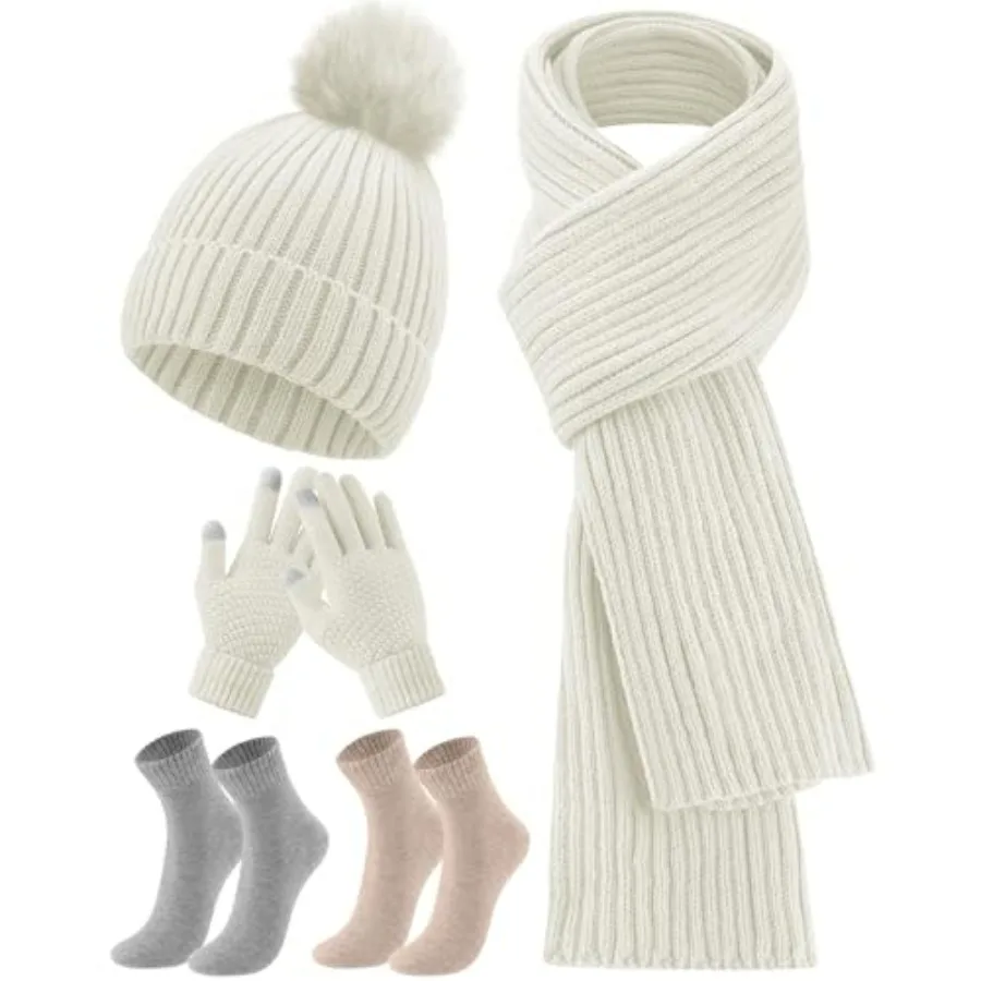 

SATINIOR 5 Pieces Winter Beanie Hat Scarf Touchscreen Gloves and Thick Socks Set Knit Fleece Lined Warmer for Men and Women