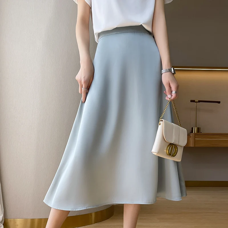 Gonna longuette a trapezio in seta a vita alta Capispalla in puro colore da donna a vita alta in seta Fasion Trend estivo 2025