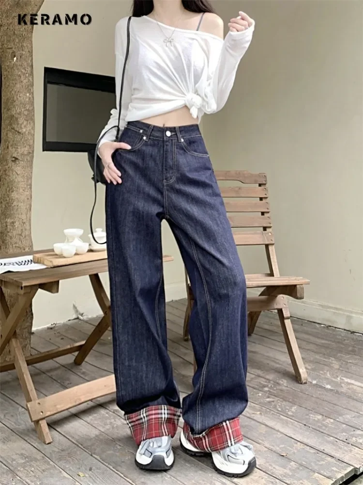 2024 Summer Harajuku Sheath High Waist Flared Jeans Plaid Patchwork Retro Y2K Pants Women's Vintage Slim Street Denim Trouser