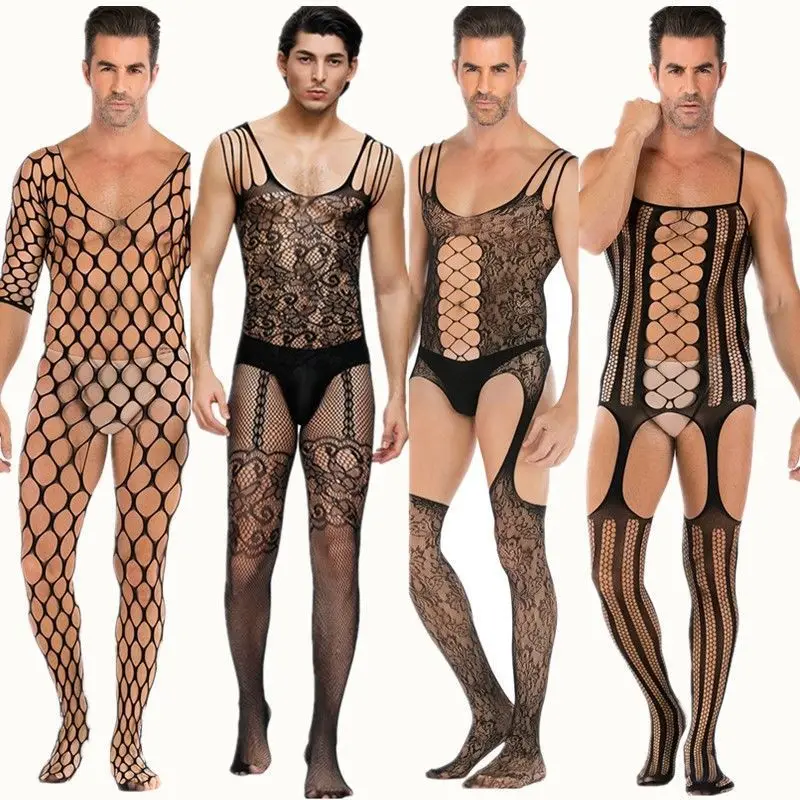 Men Sexy Crotchless Erotic Lingerie Porn Fishnet Mesh Bodysuit Gay Stretch Open Crotch Porn Teddy Hollow Out Bodystocking Fetish