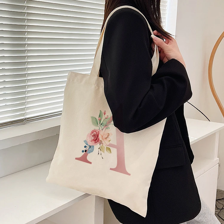 Canvas Tote Bag Letter Print Aesthetic Personalized Custom Reusable Grocery Bags Shopping Shoulder Bag Casual Travel Tote Bag