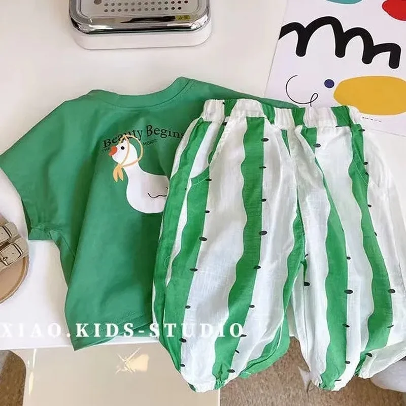 

Kids Summer Set Short Sleeve T-shirt and Striped Pants Boy Girl Casual Cartoon Fruit Print Korea Children's Breathable Suit 2022