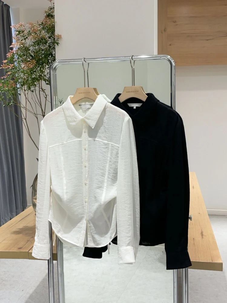 

Nolara Authentic irt Textured Dstring Pleated Summer 2025 French Sle Straight Cut Long Sve Collar Wom...