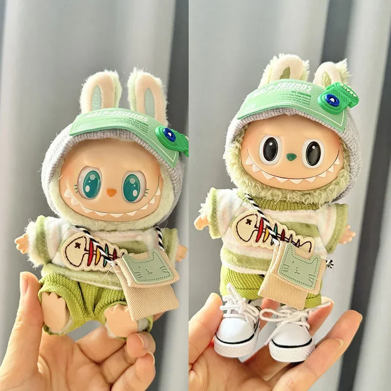 

17cm V1 V2 Labubu Keychain Outfit Set - Green Big Fish Crossbody Bag with Pendant, Adorable Labubu Clothing for Collectors
