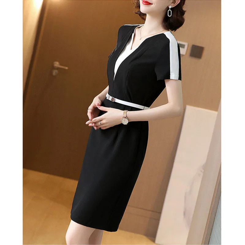 Summer Woman Casual Midi Dress V-Neck Fashion Short Sleeve Zipper Belt Pullover Contrasting Colors Female Elegant Dresses 2022