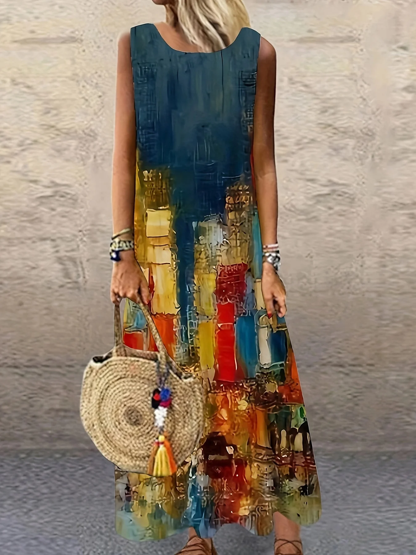 NEW Spring and Summer Vacation Style Paisley Pattern Women's Long Skirt Loose Sleeveless Fit Suitable Crew Neck Sleeveless Dress