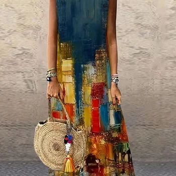 Women's Casual Long Sleeveless Dress with Geometric Color Block Print - A-Line Silhouette Top Vest Printed V-neck Shirt Casual