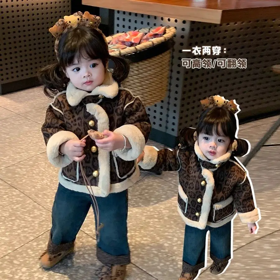 Fashion Winter Warm Thick Kids Cotton Girls 2pcs Sets Plus Velvet Thick Leopard print Coat Jacket Jean Pants Streetwear Suit