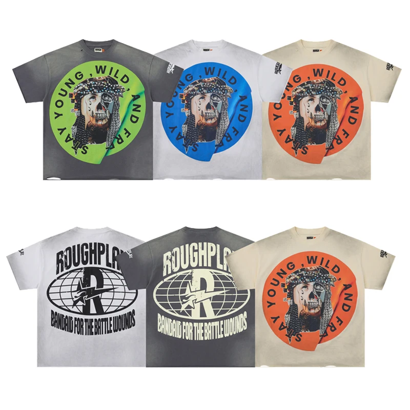

American Streetwear RoughPlay T-shirts Hot Diamond Print Retro Do Old Personality Tearing ROUGH PLAY Short Sleeve Tee