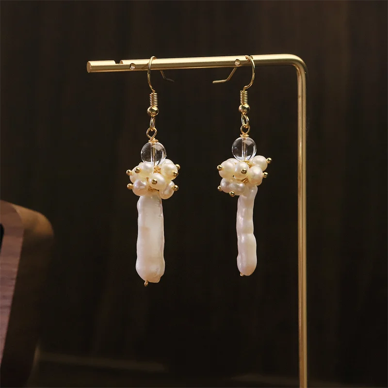 Elegant Irregular Baroque Pearl Ear Hook For Ladies Vintage Clear Glass Beads Cluster Long Drop Earrings Wedding Fashion Jewelry