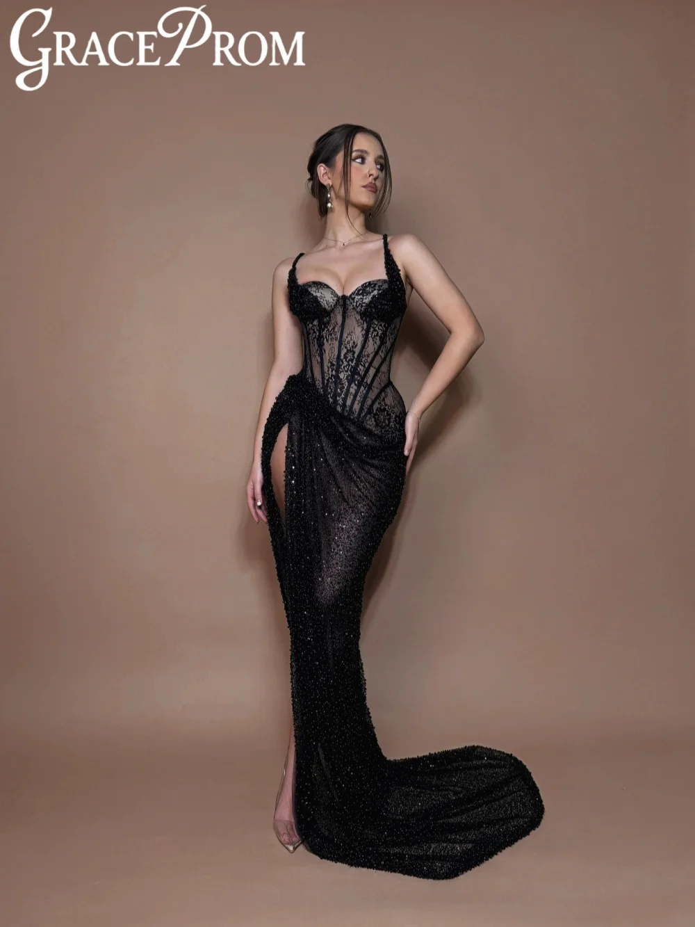 

Stunning Black Pearls Lace Evening Dress New Sweetheart Neck Formal Party Gown Customized Elegant Thin Straps Red Carpet Gown