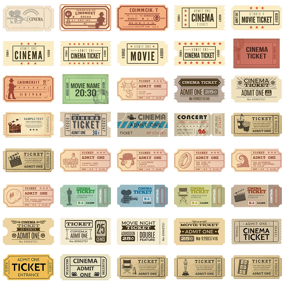 10/40/81pcs Vintage Classic Movie Tickets Stickers for Notebook Wall Luggage Laptop Waterproof Decorative Cartoon Decals Gift