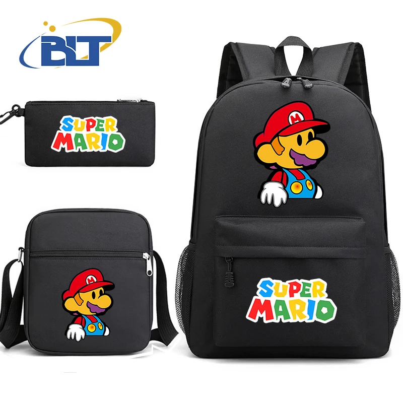 Conjunto de bolsa escolar masculina estampada MINISO Mario, mochila infantil, bolsa de ombro, estojo de lápis, conjunto de 3 peças