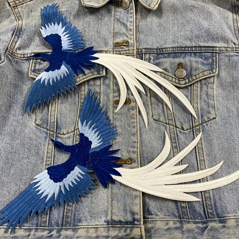 Combination Sales 1 Pair Azure Blue Phenix Birds Embroiderdy Patch Iron On Patches For Clothing Birds Fish Flower Sewing Patch